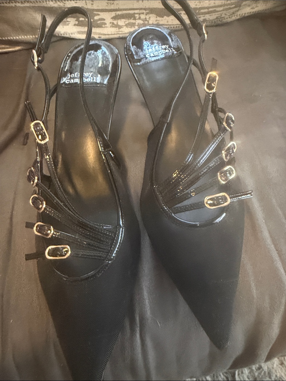 Jeffrey Campbell Black Pointed Multi-Buckle Slingback Kitten Heels